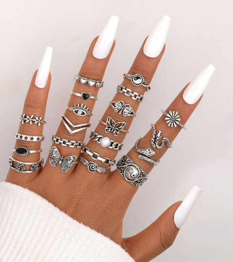 Vintage Star Moon Sun Face Love Leaves Flower Ring