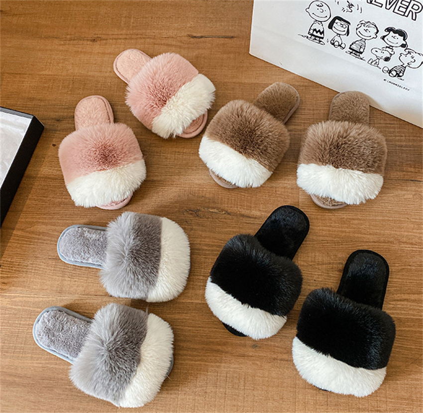 Women's Color-Blocking Plush Flat Slippers
