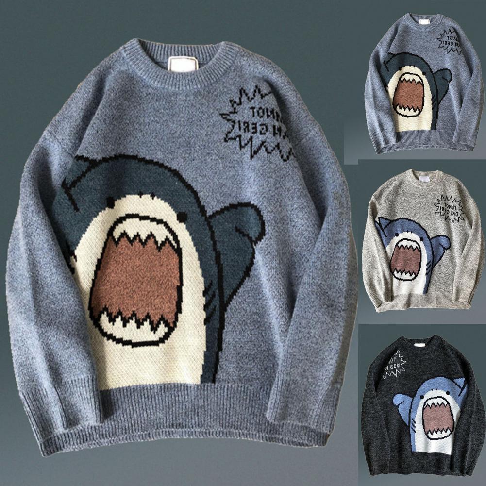 Cartoon Shark Print Oversized Long Sleeve Sweater