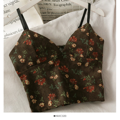 Korean V-Neck Corduroy Floral Print Tank Top for Women