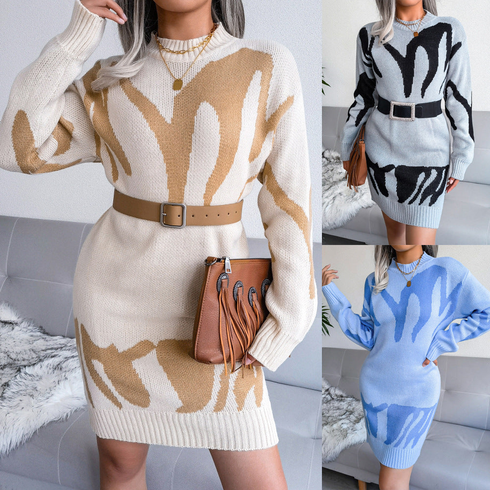 Geometric Knit Round Neck Sweater Dress