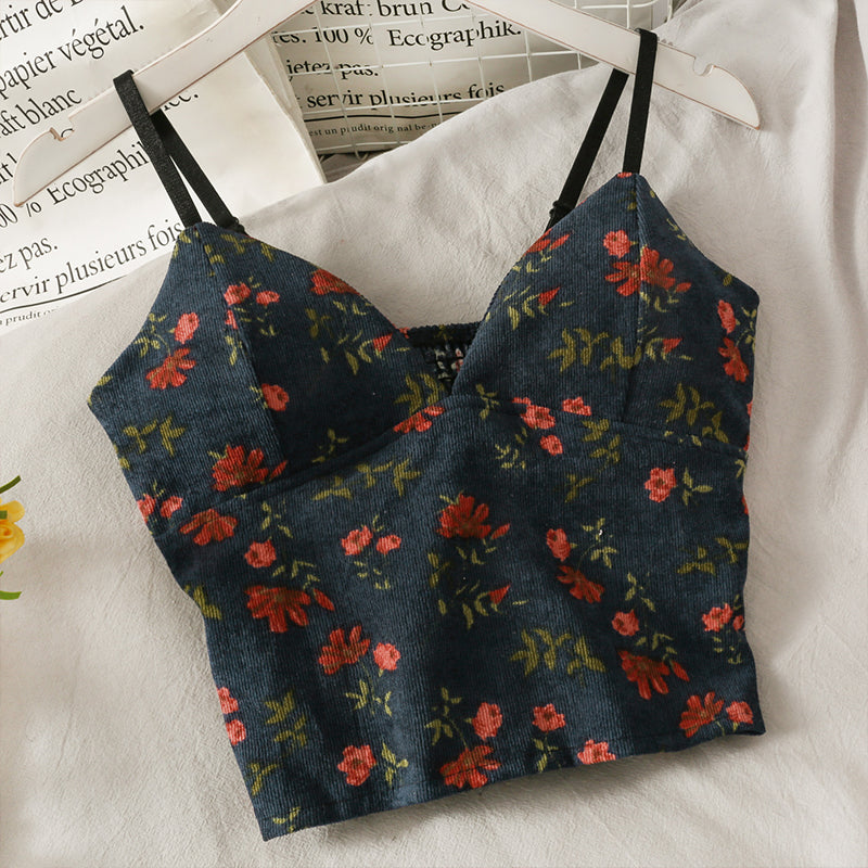 Korean V-Neck Corduroy Floral Print Tank Top for Women
