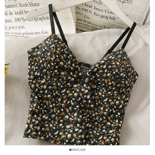 Korean V-Neck Corduroy Floral Print Tank Top for Women