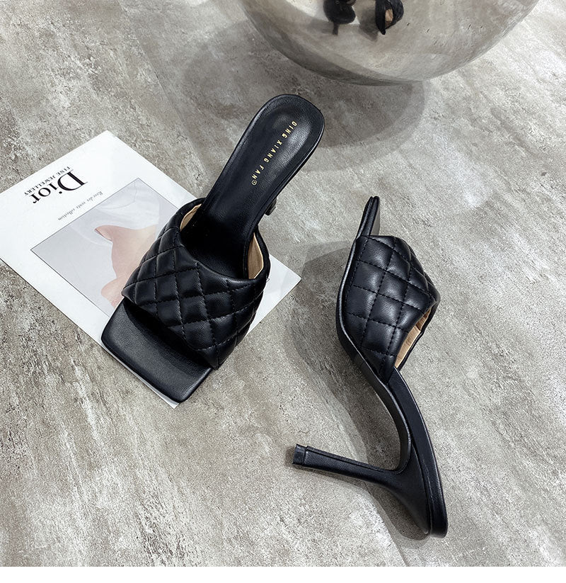 Square Head Leather High Heel Women's Shoes