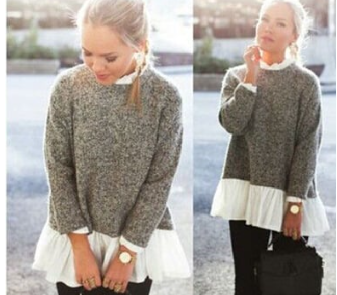 Explosive White Hem Stitching Gray Long Sleeve Shirt