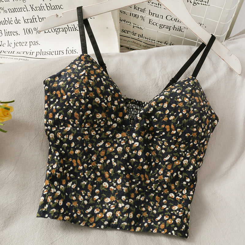 Korean V-Neck Corduroy Floral Print Tank Top for Women