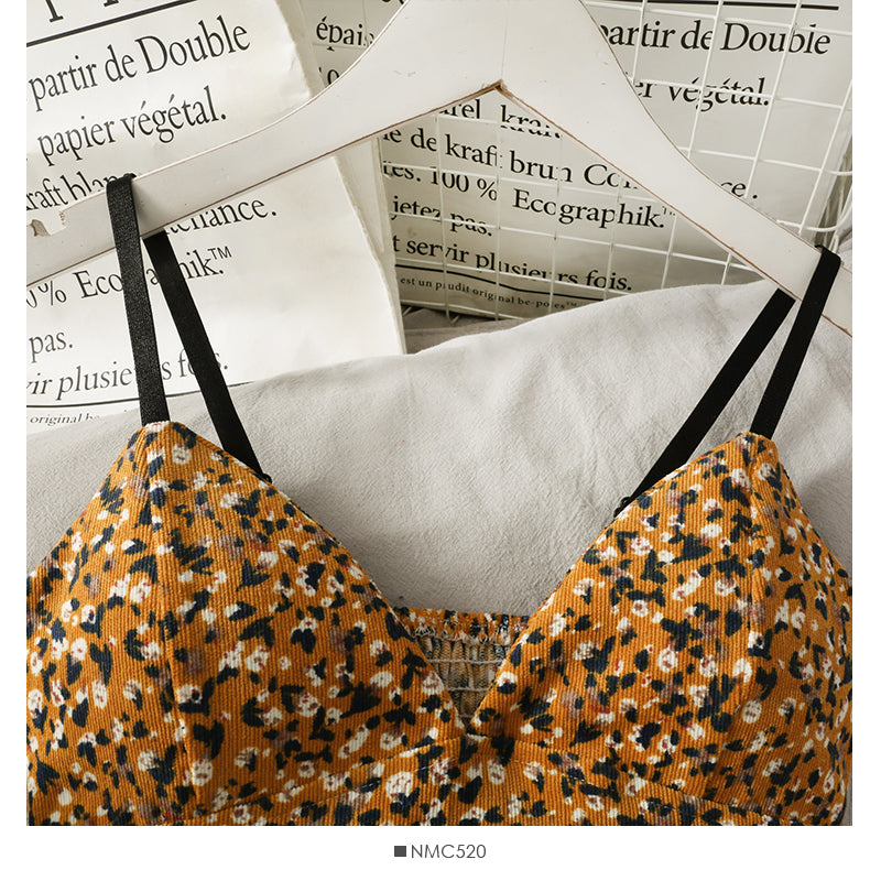 Korean V-Neck Corduroy Floral Print Tank Top for Women