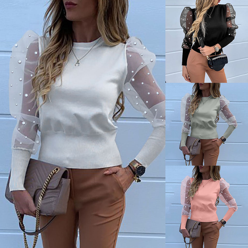 Pearl Round Neck Lace Mesh Puff Sleeve Top