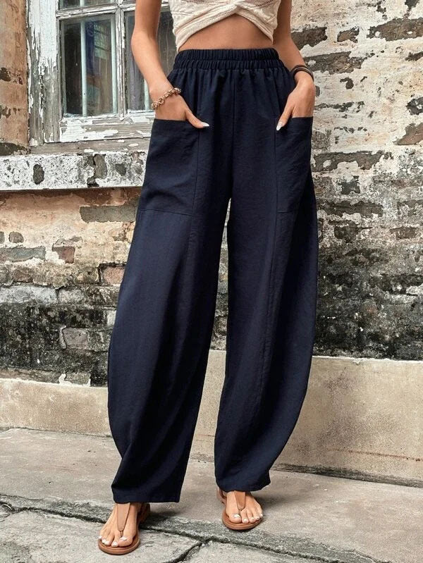 Casual Women's Solid Color Pocket Elastic Pants