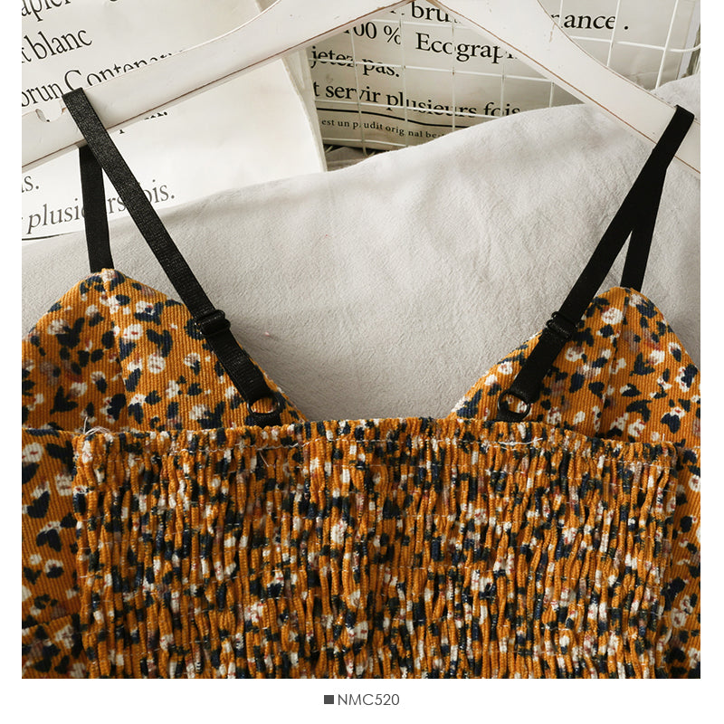 Korean V-Neck Corduroy Floral Print Tank Top for Women