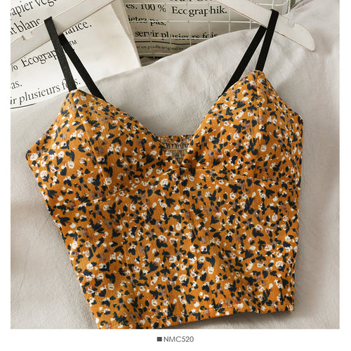 Korean V-Neck Corduroy Floral Print Tank Top for Women