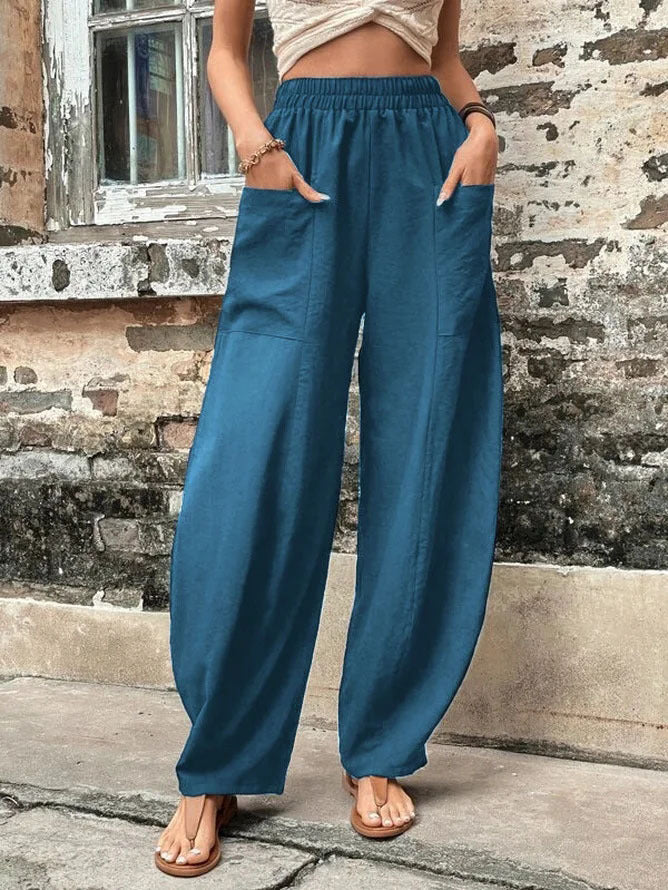 Casual Women's Solid Color Pocket Elastic Pants