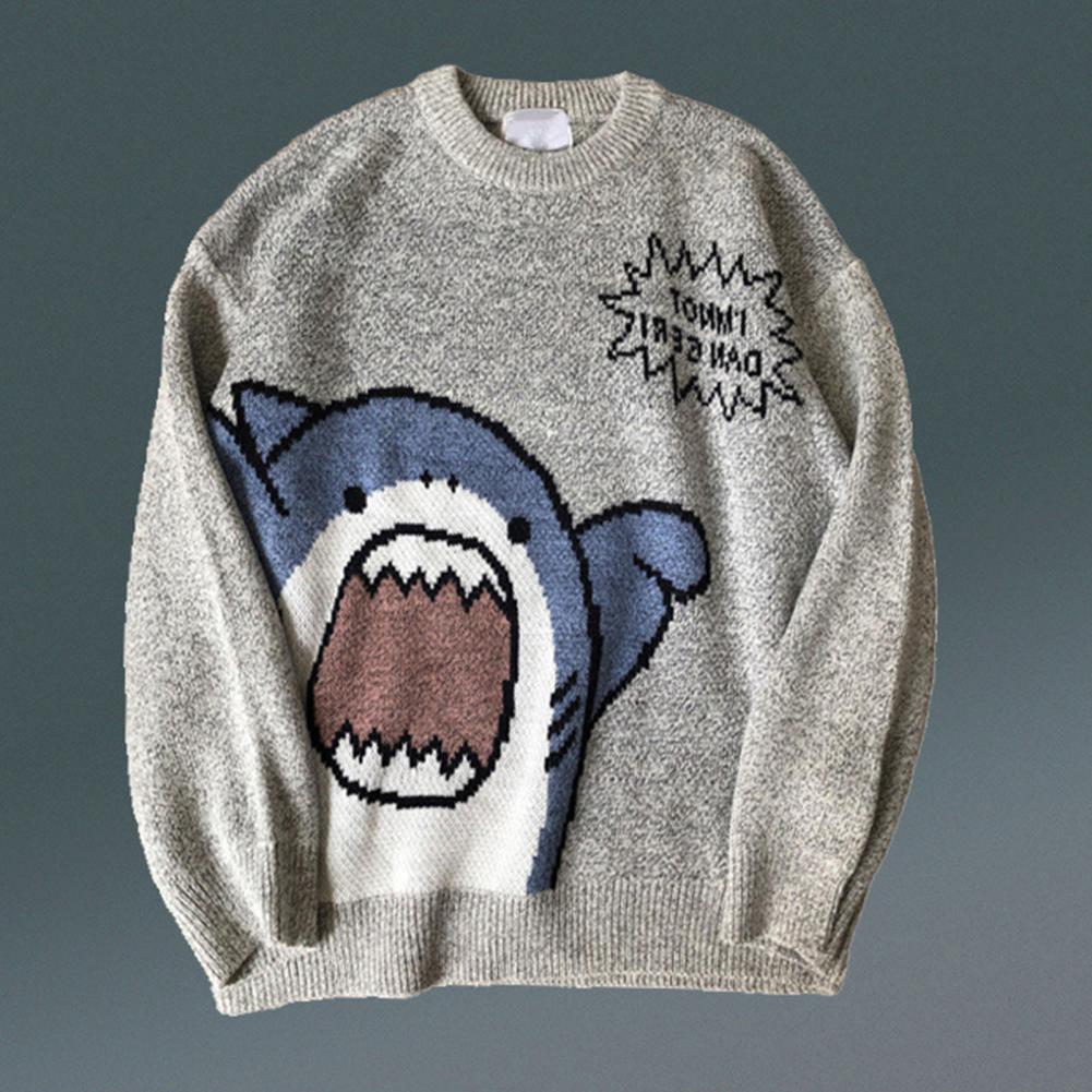 Cartoon Shark Print Oversized Long Sleeve Sweater