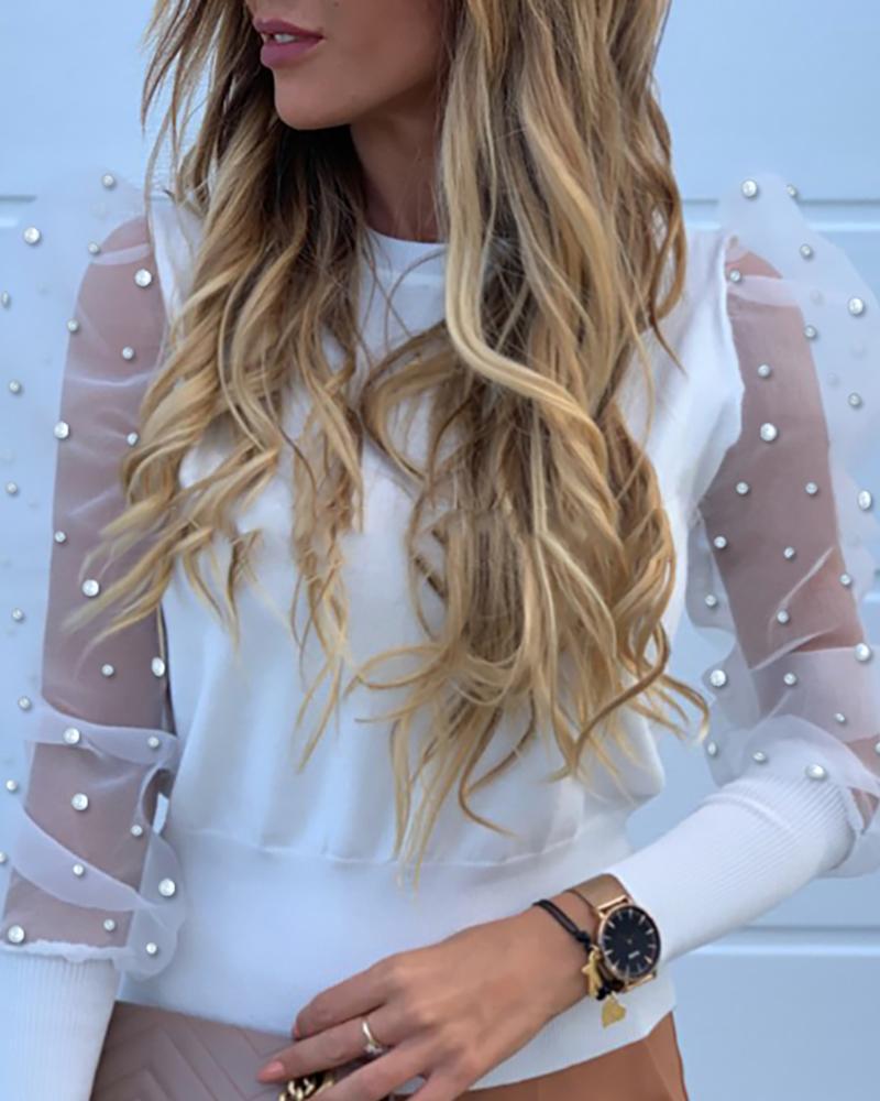 Pearl Round Neck Lace Mesh Puff Sleeve Top