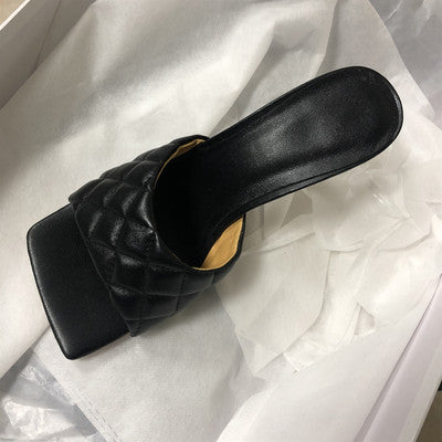 Square Head Leather High Heel Women's Shoes