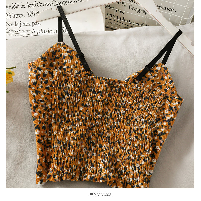 Korean V-Neck Corduroy Floral Print Tank Top for Women