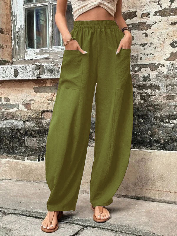 Casual Women's Solid Color Pocket Elastic Pants