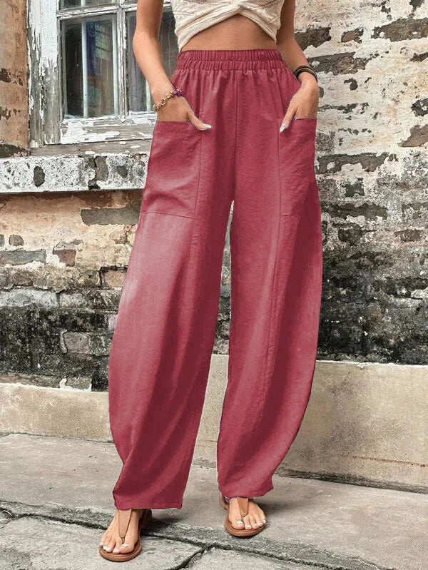 Casual Women's Solid Color Pocket Elastic Pants