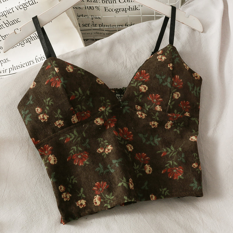 Korean V-Neck Corduroy Floral Print Tank Top for Women