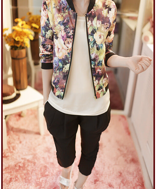 Floral Zip-Up Long Sleeve Jacket (Fashionable Short Coat)