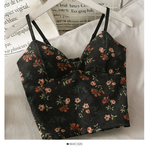 Korean V-Neck Corduroy Floral Print Tank Top for Women
