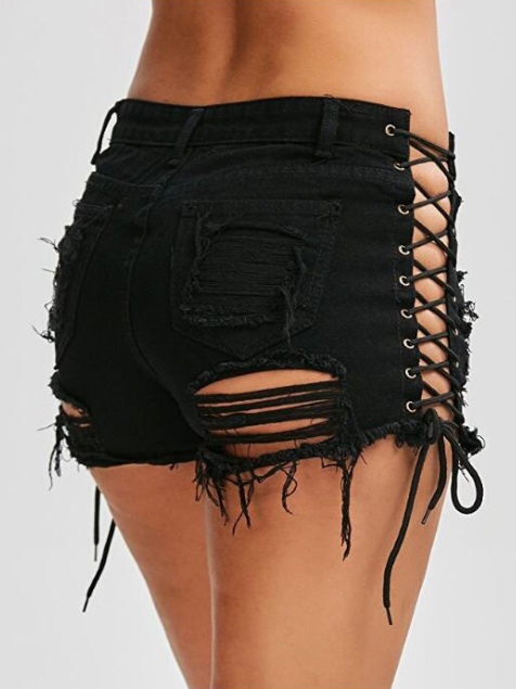 Denim Hot Pants with Eyelet Lace-Up Detail