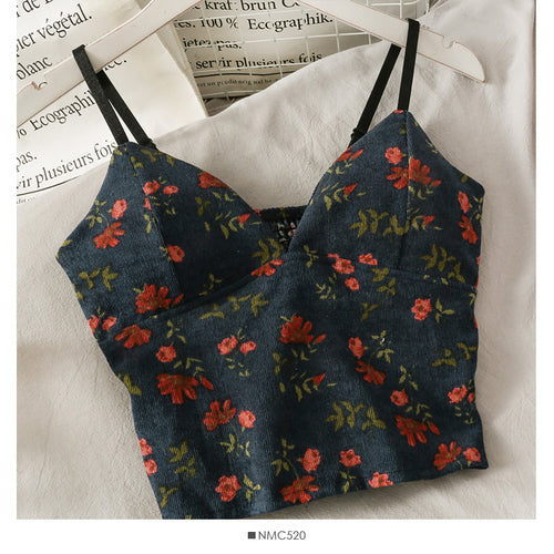Korean V-Neck Corduroy Floral Print Tank Top for Women