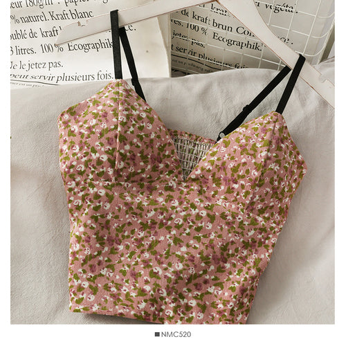 Korean V-Neck Corduroy Floral Print Tank Top for Women