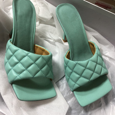 Square Head Leather High Heel Women's Shoes